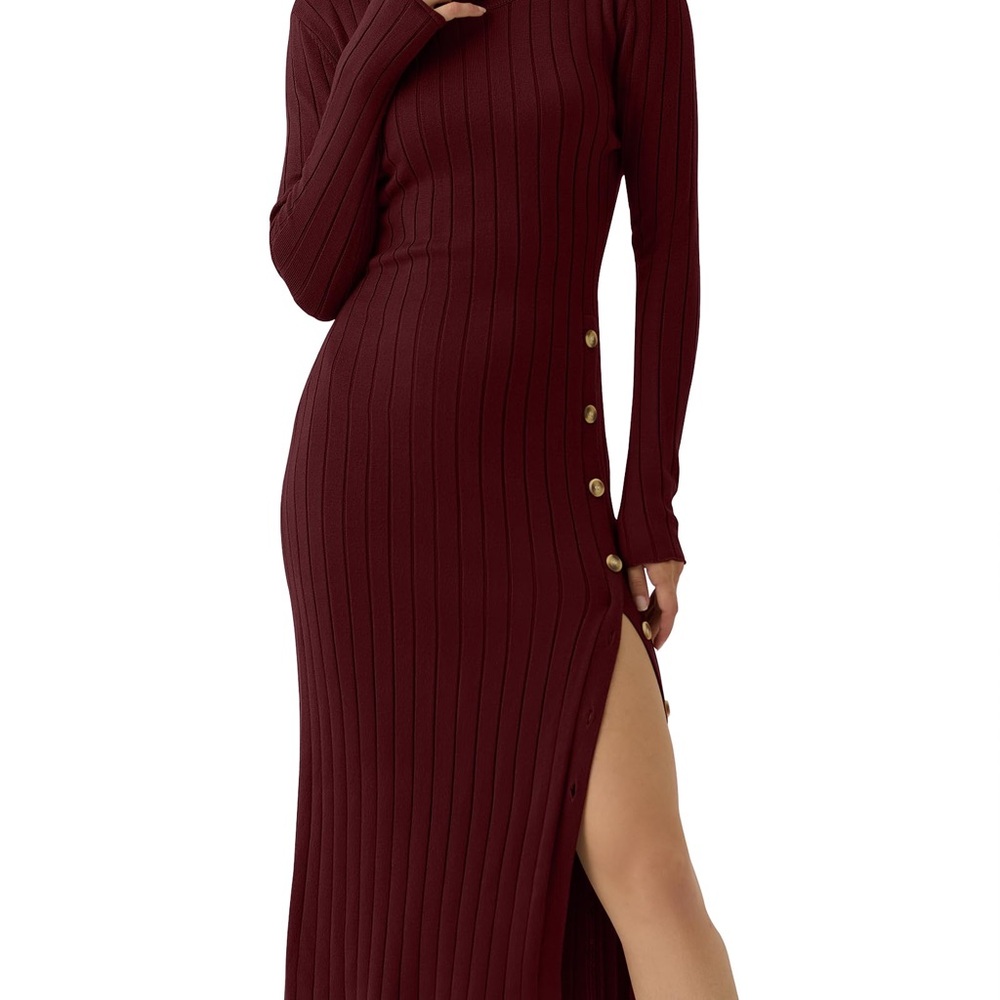 Elegant Fall Winter Burgundy Ribbed Side Real Button Tight Fit Knit Dress